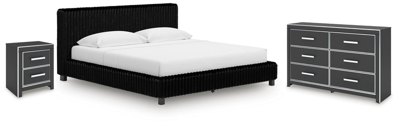 Zuraleus Black King Upholstered Bed, Dresser and Nightstand - PCB3380B17