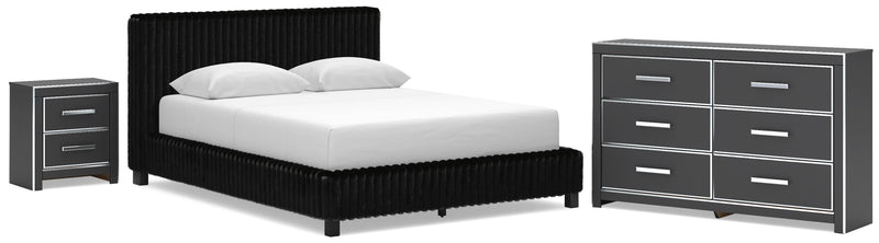 Zuraleus Black Queen Upholstered Bed, Dresser and Nightstand - PCB3380B15