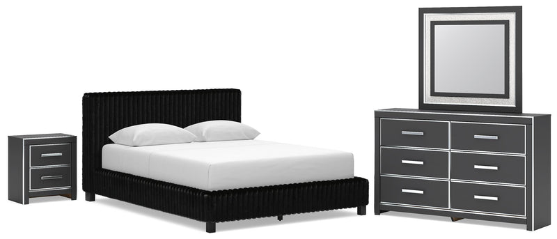 Zuraleus Black Queen Upholstered Bed, Dresser, Mirror and Nightstand - PCB3380B16