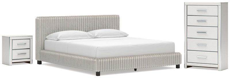Zuraleus California King Upholstered Bed, Chest and  Nightstand in White - PKG022857