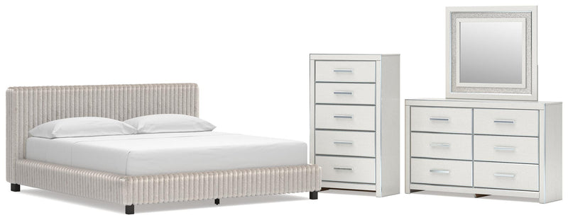 Zuraleus California King Upholstered Bed, Dresser, Mirror and Chest in White - PKG022859