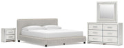 Zuraleus California King Upholstered Bed, Dresser, Mirror and Nightstand in White - PKG022858