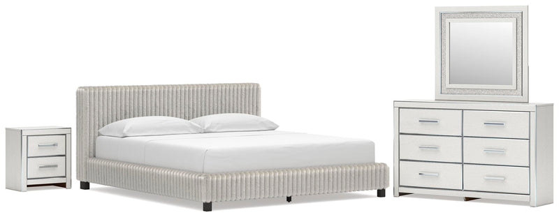 Zuraleus California King Upholstered Bed, Dresser, Mirror and Nightstand in White - PKG022858