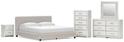 Zuraleus California King Upholstered Bed, Dresser, Mirror, Chest and Nightstand in White - PKG022860