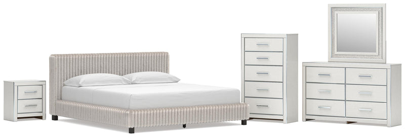 Zuraleus California King Upholstered Bed, Dresser, Mirror, Chest and Nightstand in White - PKG022860