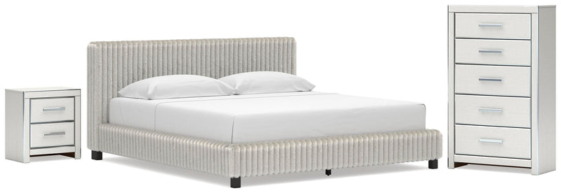 Zuraleus King Upholstered Bed, Chest and  Nightstand in White - PKG022849