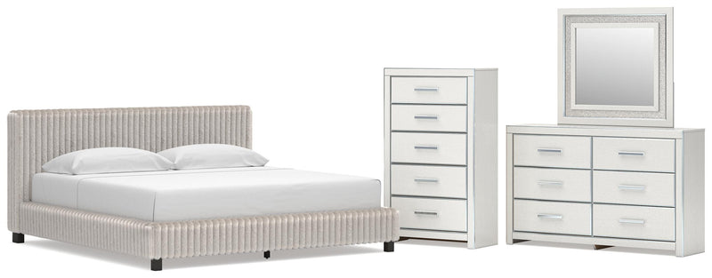 Zuraleus King Upholstered Bed, Dresser, Mirror and Chest in White - PKG022851