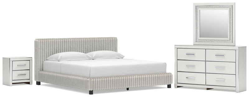 Zuraleus King Upholstered Bed, Dresser, Mirror and Nightstand in White - PKG022850