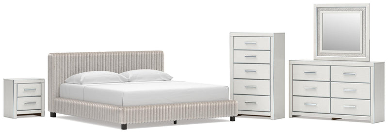 Zuraleus King Upholstered Bed, Dresser, Mirror, Chest and Nightstand in White - PKG022852