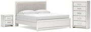 Zuraleus King Upholstered Panel Bed, Chest and  Nightstand in White - PKG022833