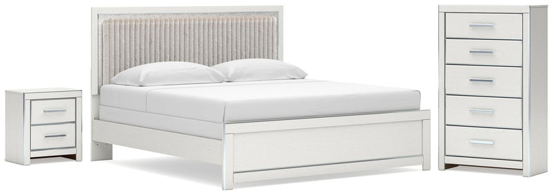 Zuraleus King Upholstered Panel Bed, Chest and  Nightstand in White - PKG022833