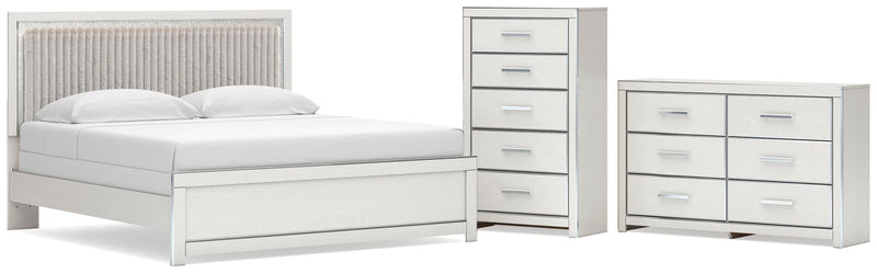 Zuraleus King Upholstered Panel Bed, Dresser and Chest in White - PKG022832