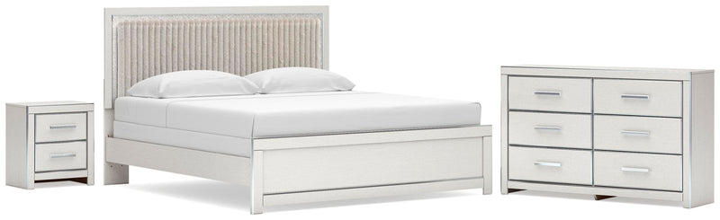 Zuraleus King Upholstered Panel Bed, Dresser and Nightstand in White - PKG022838