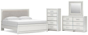 Zuraleus King Upholstered Panel Bed, Dresser, Mirror and Chest in White - PKG022835