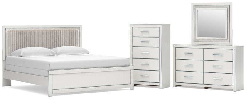 Zuraleus King Upholstered Panel Bed, Dresser, Mirror and Chest in White - PKG022835