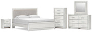 Zuraleus King Upholstered Panel Bed, Dresser, Mirror, Chest and Nightstand in White - PKG022836