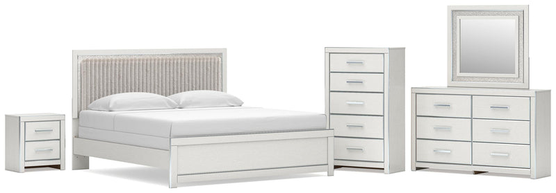 Zuraleus King Upholstered Panel Bed, Dresser, Mirror, Chest and Nightstand in White - PKG022836