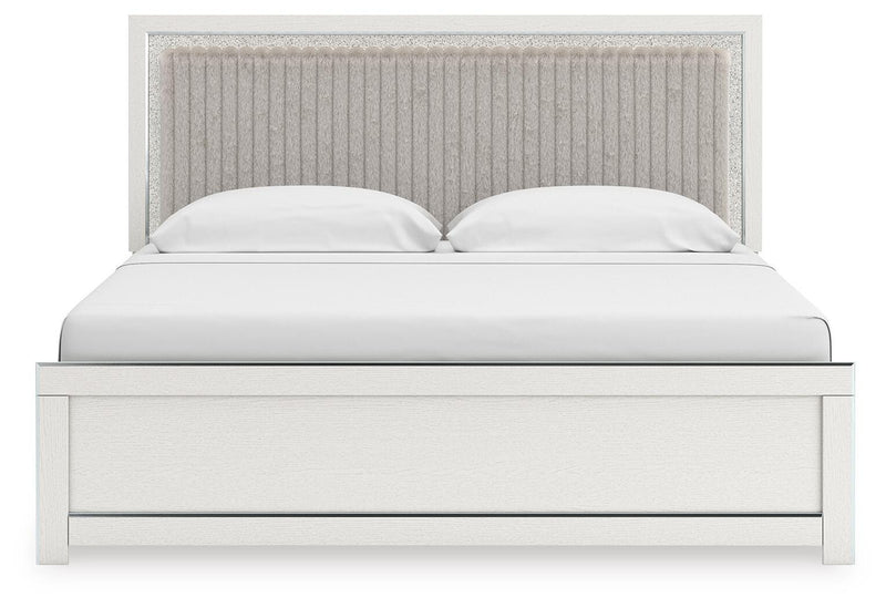Zuraleus King Upholstered Panel Platform Bed, Chest and  Nightstand in White - PKG022817