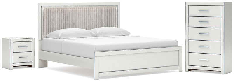 Zuraleus King Upholstered Panel Platform Bed, Chest and  Nightstand in White - PKG022817