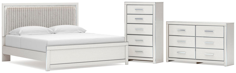 Zuraleus King Upholstered Panel Platform Bed, Dresser and Chest in White - PKG022816