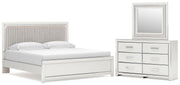 Zuraleus King Upholstered Panel Platform Bed, Dresser and Mirror in White - PKG022815