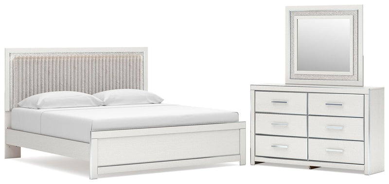 Zuraleus King Upholstered Panel Platform Bed, Dresser and Mirror in White - PKG022815