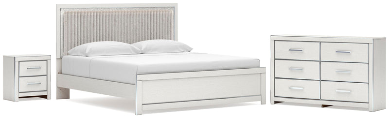 Zuraleus King Upholstered Panel Platform Bed, Dresser and Nightstand in White - PKG022822