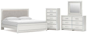 Zuraleus King Upholstered Panel Platform Bed, Dresser, Mirror and Chest in White - PKG022819