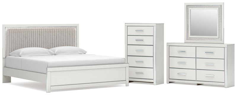 Zuraleus King Upholstered Panel Platform Bed, Dresser, Mirror and Chest in White - PKG022819