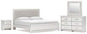 Zuraleus King Upholstered Panel Platform Bed, Dresser, Mirror and Nightstand in White - PKG022818