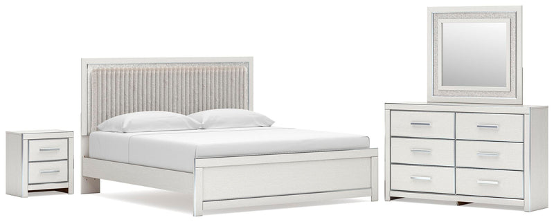 Zuraleus King Upholstered Panel Platform Bed, Dresser, Mirror and Nightstand in White - PKG022818