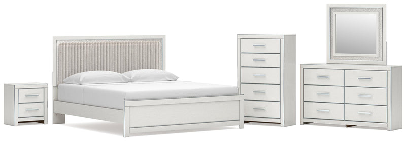 Zuraleus King Upholstered Panel Platform Bed, Dresser, Mirror, Chest and Nightstand in White - PKG022820