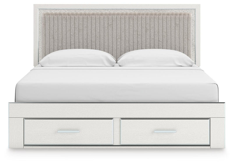 Zuraleus King Upholstered Panel Platform Storage Bed and Dresser in White - PKG022829