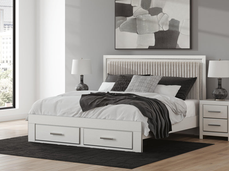 Zuraleus King Upholstered Panel Platform Storage Bed and Dresser in White - PKG022829