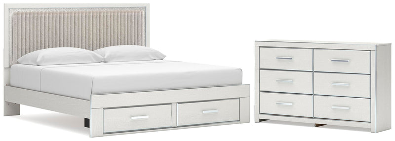 Zuraleus King Upholstered Panel Platform Storage Bed and Dresser in White - PKG022829