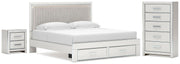 Zuraleus King Upholstered Panel Platform Storage Bed, Chest and  Nightstand in White - PKG022825