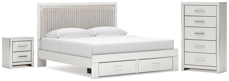 Zuraleus King Upholstered Panel Platform Storage Bed, Chest and  Nightstand in White - PKG022825