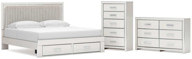 Zuraleus King Upholstered Panel Platform Storage Bed, Dresser and Chest in White - PKG022824