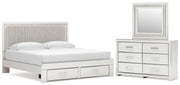 Zuraleus King Upholstered Panel Platform Storage Bed, Dresser and Mirror in White - PKG022823