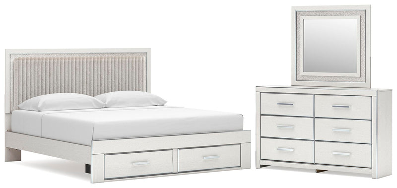 Zuraleus King Upholstered Panel Platform Storage Bed, Dresser and Mirror in White - PKG022823