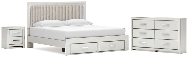 Zuraleus King Upholstered Panel Platform Storage Bed, Dresser and Nightstand in White - PKG022830