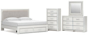 Zuraleus King Upholstered Panel Platform Storage Bed, Dresser, Mirror and Chest in White - PKG022827