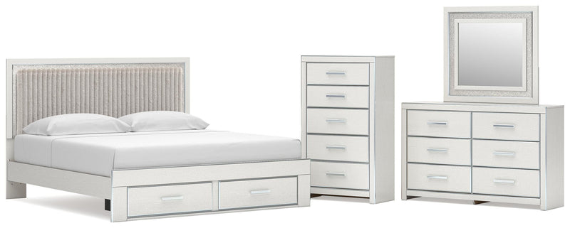 Zuraleus King Upholstered Panel Platform Storage Bed, Dresser, Mirror and Chest in White - PKG022827