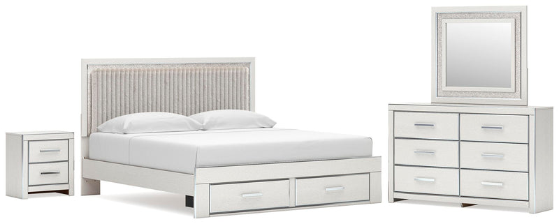 Zuraleus King Upholstered Panel Platform Storage Bed, Dresser, Mirror and Nightstand in White - PKG022826