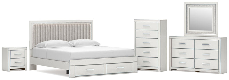 Zuraleus King Upholstered Panel Platform Storage Bed, Dresser, Mirror, Chest and Nightstand in White - PKG022828