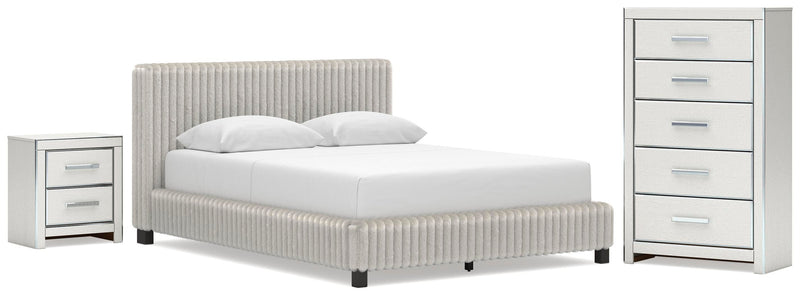 Zuraleus Queen Upholstered Bed, Chest and  Nightstand in White - PKG022841