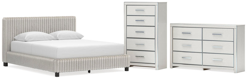 Zuraleus Queen Upholstered Bed, Dresser and Chest in White - PKG022840