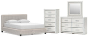 Zuraleus Queen Upholstered Bed, Dresser, Mirror and Chest in White - PKG022843