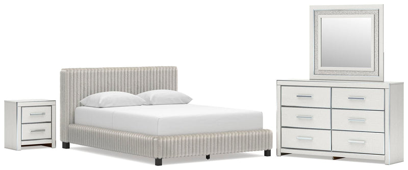 Zuraleus Queen Upholstered Bed, Dresser, Mirror and Nightstand in White - PKG022842