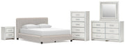 Zuraleus Queen Upholstered Bed, Dresser, Mirror, Chest and Nightstand in White - PKG022844